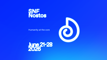 Graphic for SNF Nostos 2026 featuring a white shell, text